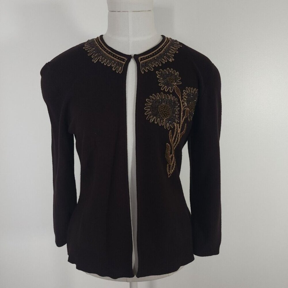 Women's Brown Beaded Cardigan Sweater Goblin Fairy Floral Whimsical 3/4 Sleeve S